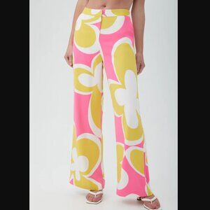Trina Turk Verity Bright Pink & Yellow Retro Floral Wide Leg Pants 0